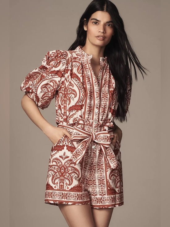 FARM Rio Pants - Farm Rio Tropical Cameo Belted Romper Red XS